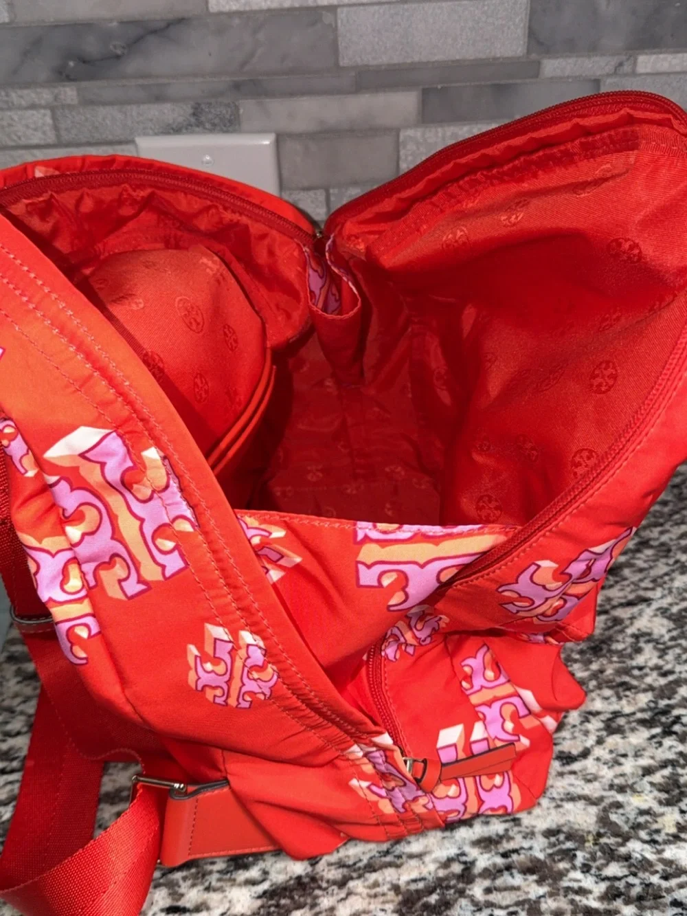 Tory Burch Red Backpack with Pink Logo Motif